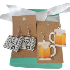 Strange Times Newspaper + Frosty Beer Mug Earrings, set of 2